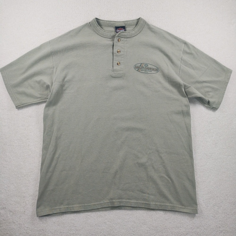 Vtg 2000 Harley Davidson Henley Shirt Men's Large Green Deluxe Gillette Wyoming